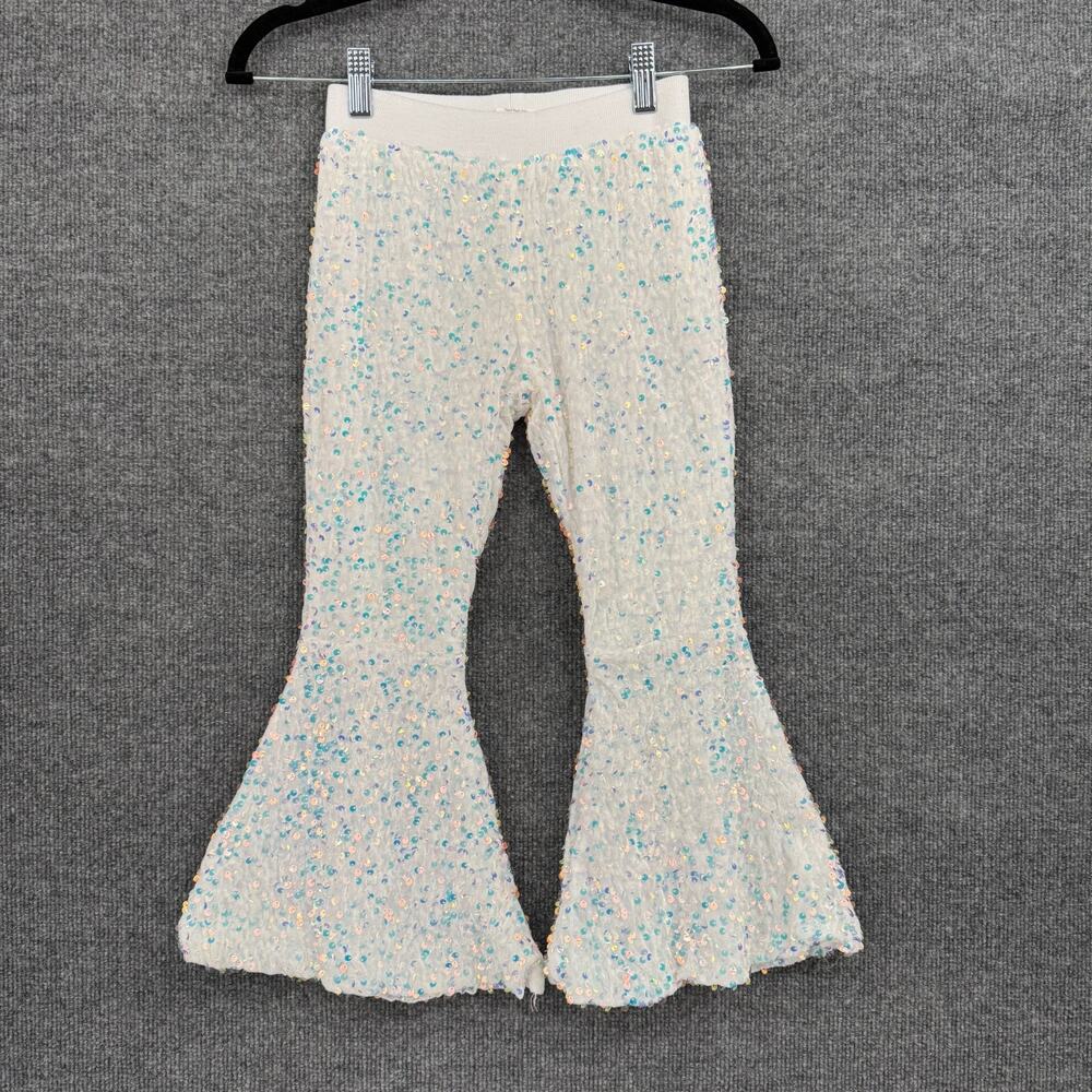 Girls Sequin Bell Bottoms Flared Pants Size 6-7 White Pull On Velour Lined Party